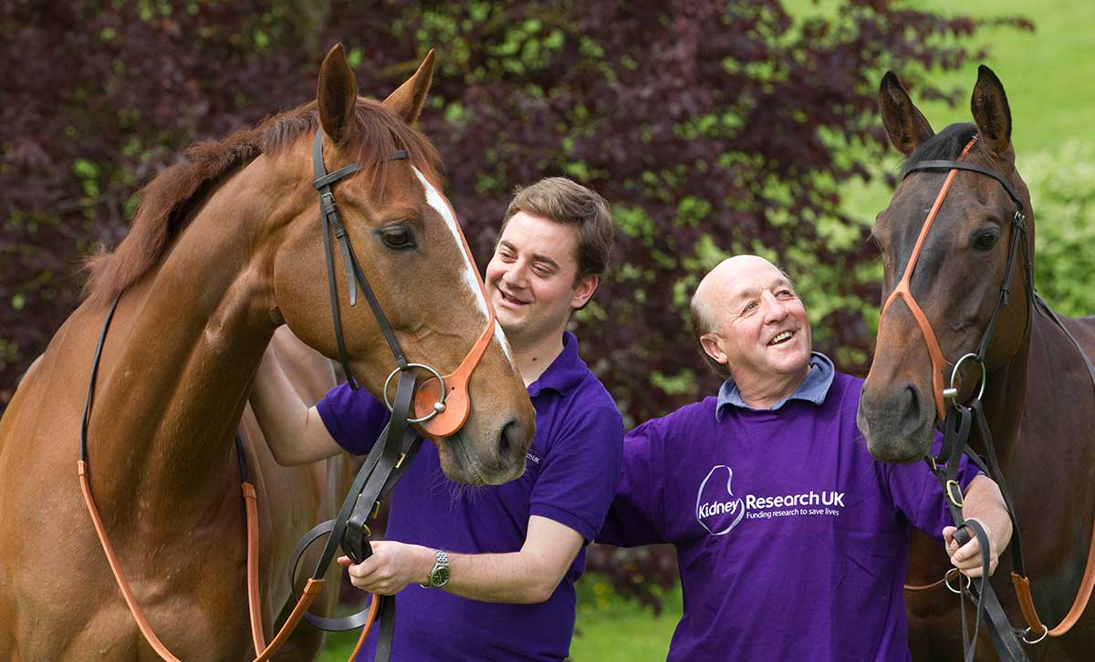 Henry Kimbell (L) and Richard Pitman launching the Racing for Research Partnership in aid of Kidney Research UK with their two horses